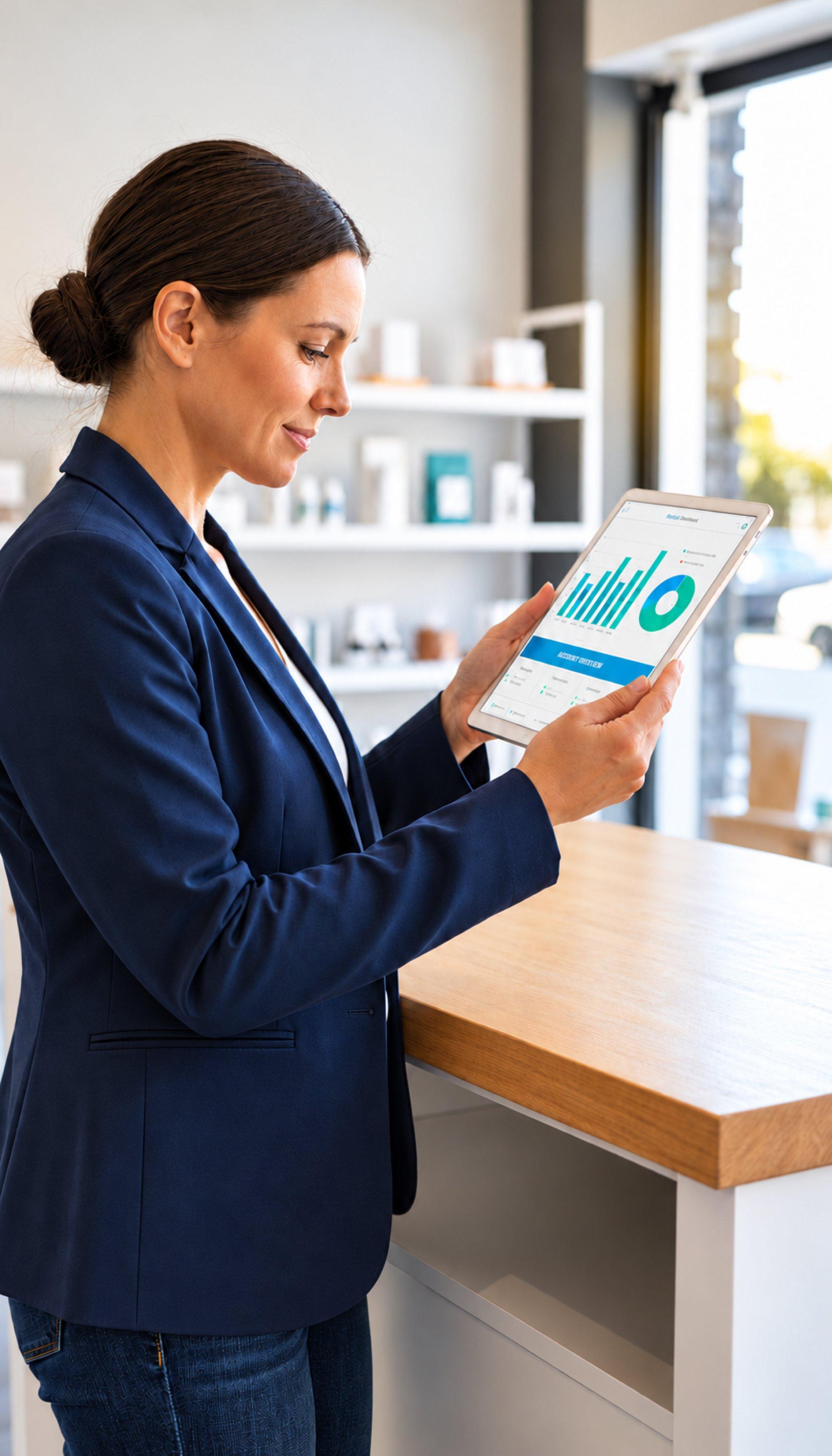 Business owner reviewing payment reports on a tablet in her shop.