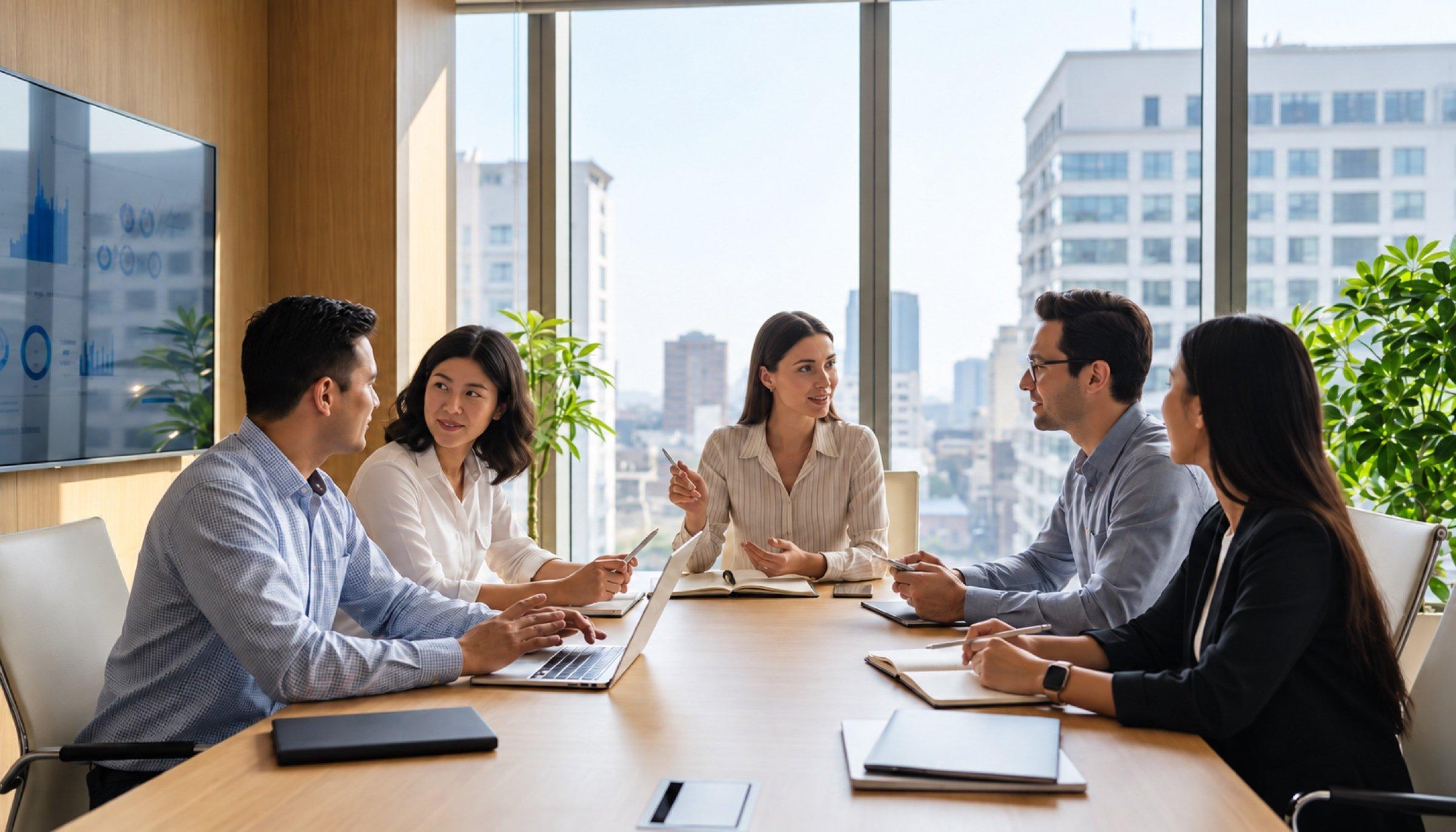 Team meeting around a conference table in a city office.