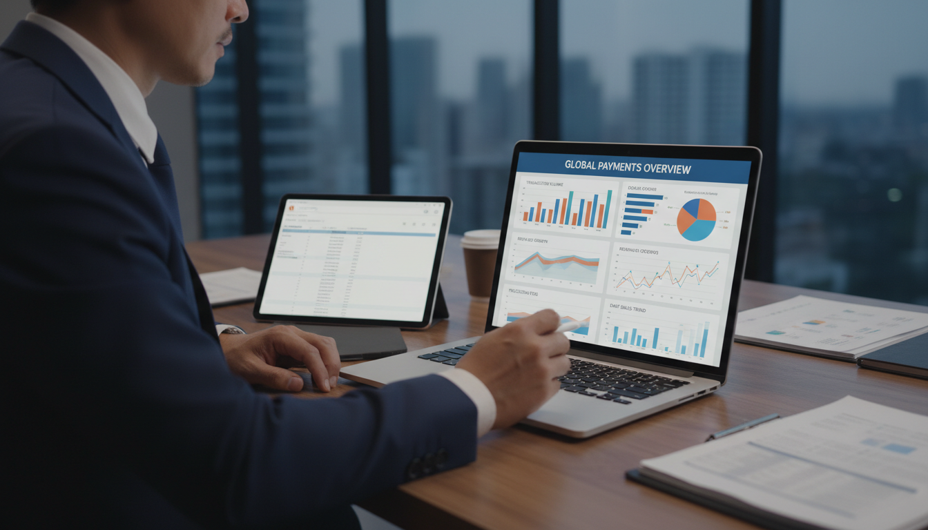 Business professional reviewing a global payments dashboard on a laptop and tablet.